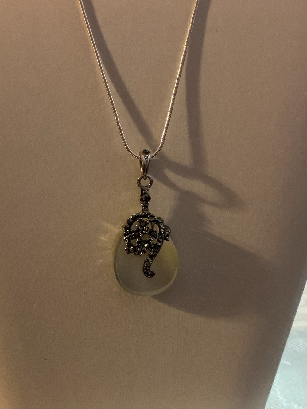 Cat’s Eye Pear and Marcasite Shaped Antique Silver Tone Pendant Necklace